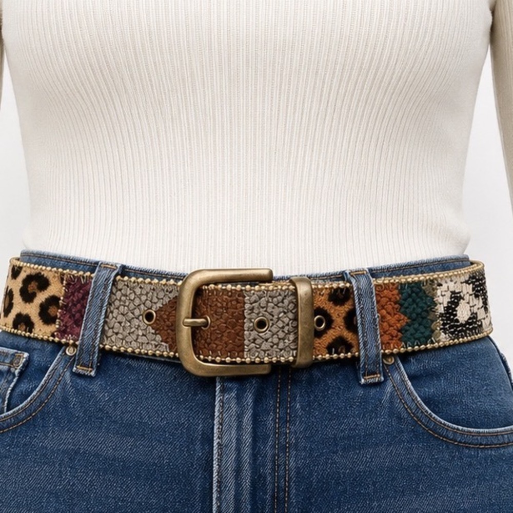 Elite 1203 Vintage Tapestry Bead Belt Size M Multicolor Boho Southwestern Brass